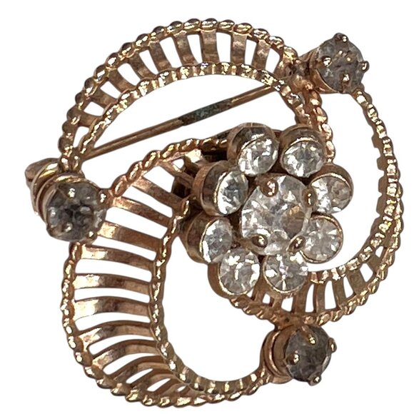 Vtg Barclay Gold Tone Clear and Gray Rhinestone Pinwheel Brooch Floral Art Deco - Picture 6 of 6